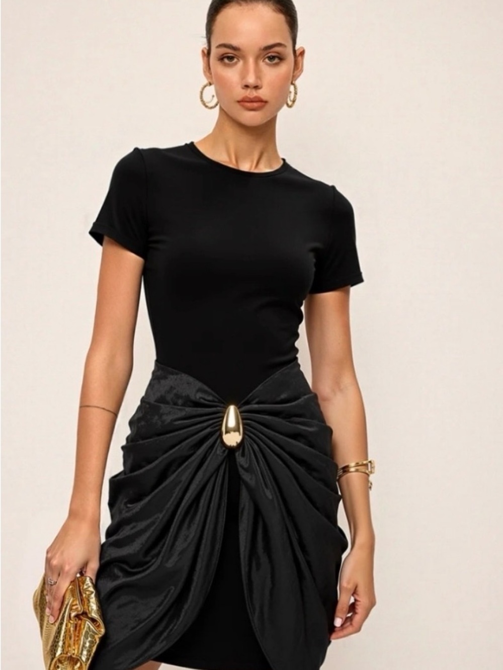 Commense Black Short-Sleeve Draped Waist Dress with Gold Accent